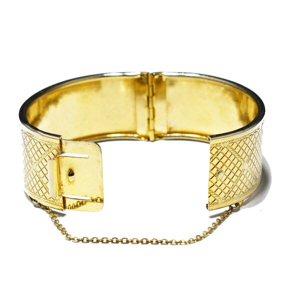 Vintage Coro Pegasus Geometric Hinged Bracelet, Gold Plated, Safety Chain, 1950s - Picture 9 of 10